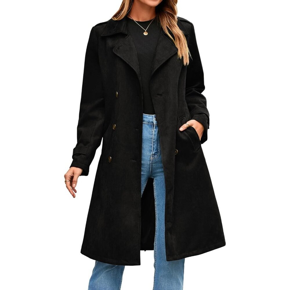 Women Black Long Trench Coat Fall Winter Double Breasted Classic Suede Overcoat